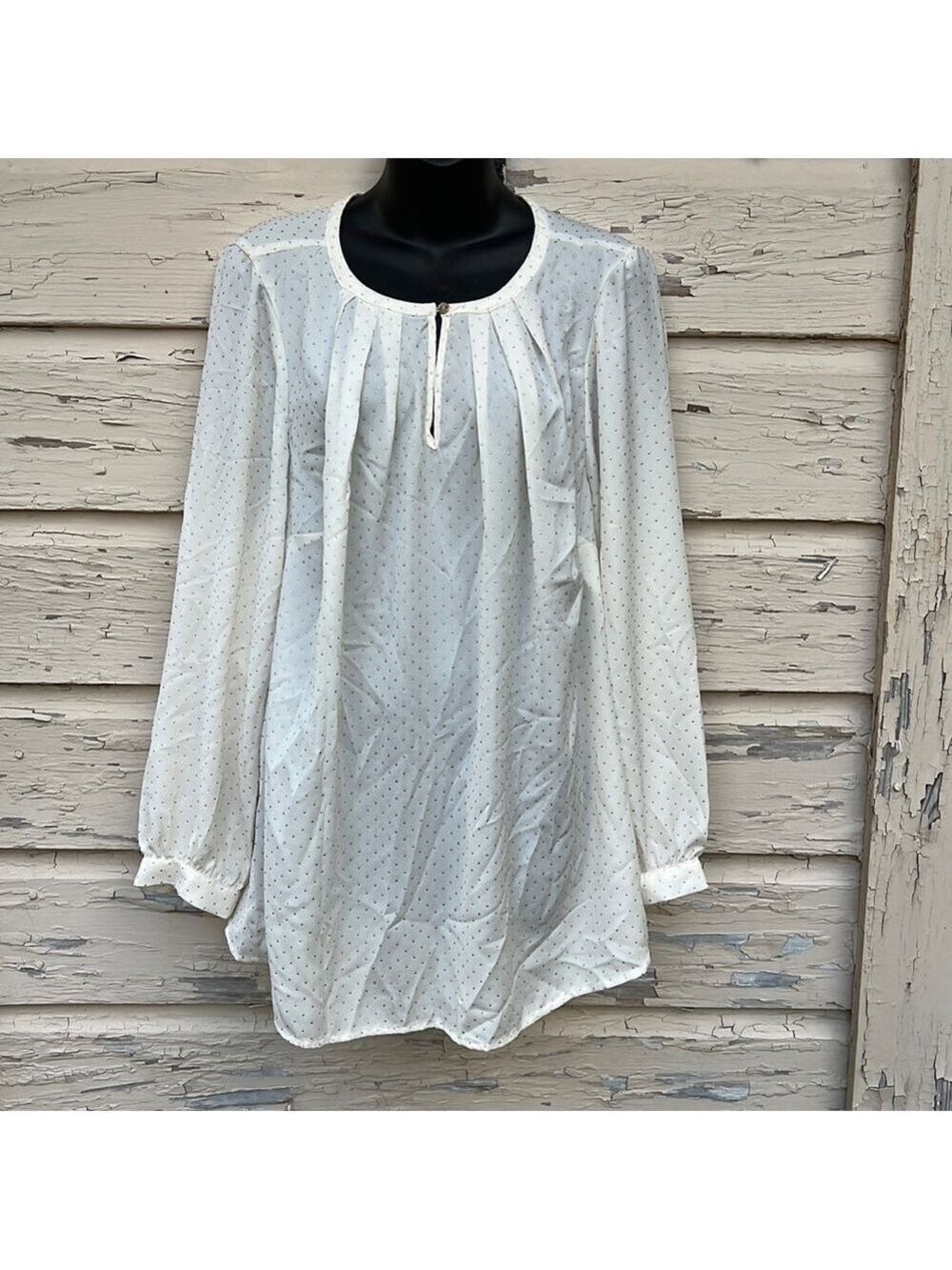 Lane Bryant Gold Polka dot Blouse keyhole Closure Minimalist Longsleeve Shirt 14